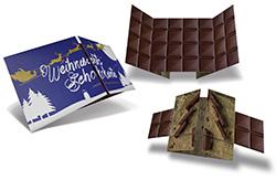 logoloop-Weihnachtskarte aufgeklappt mit Schokoladenmotiv